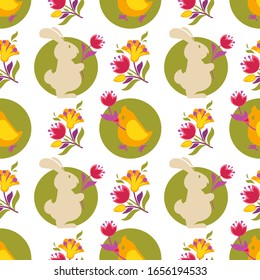 Pollo con flores y huevos pintados Pascua sin fisuras vectorial planta de ave y cáscara con tulipanos de patrón volando animal y productos lácteos textura interminable primavera cristiana de fondo de pared festivo.