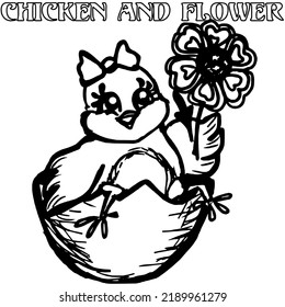 chicken and flower simple line drawing eps coloring book