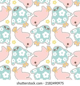 Chicken and flowers cute seamless pattern. Bright summer print for fabrics, textiles and paper.