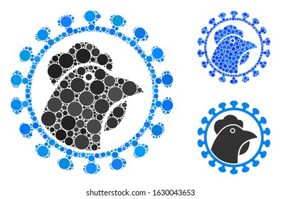 Chicken flu virus composition of filled circles in variable sizes and color tones, based on chicken flu virus icon. Vector filled circles are composed into blue composition.