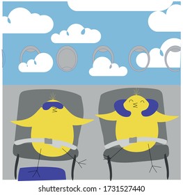 Chicken flying on a plane in clouds vector illustration