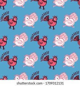 chicken folklore print seamless repeat pattern. Perfect for kids, easter and country