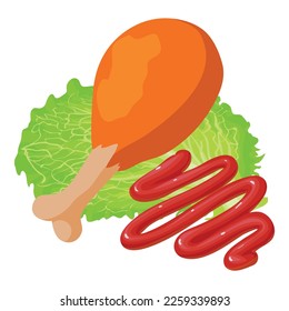 Hühnerfutter-Icon isometrische Vektorgrafik. Braunes Hühnerbein, Ketschup-Streifen und Salat. Lebensmittelkonzept, Eiweißprodukt