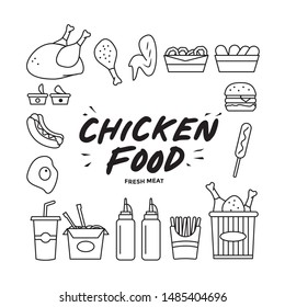 chicken food icons (including logotype) in line art style