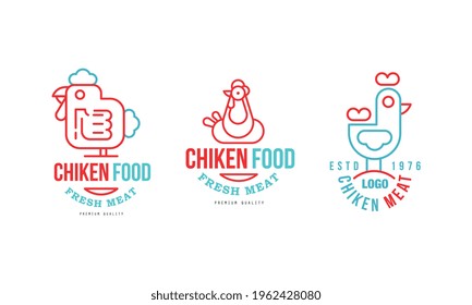 Chicken Food Logo Design Templates Set, Premium Quality Fresh Meat Badges Cartoon Vector Illustration