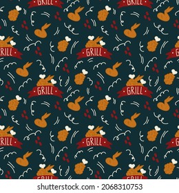 Chicken food pattern. Background with fried legs and doodle wings. Textiles with the Grill logo. For the organic poultry restaurant. Vector illustration