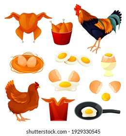 Chicken food and poultry products, farm meat and hen eggs in nest, vector flat icons. Poultry farm food production, fast food grill legs and roast wings, fried and boiled eggs, rooster and hen