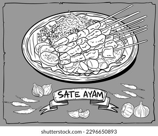 Chicken food, sate ayam, asian culinary, shop logo, icon, meal, peanuts spice, illustration