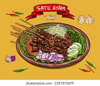 Chicken food, sate ayam, asian culinary, shop logo, icon, meal, peanuts spice