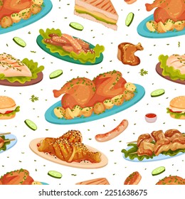 Chicken Food Seamless Pattern Design with Served Dish and Tasty Meal with Meat Vector Template