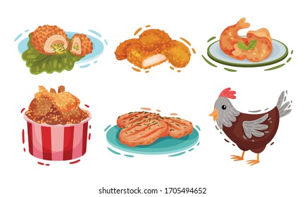 Chicken Food and Snacks with Deep Fried Legs in Basket and Chicken Patty Cakes Vector Set
