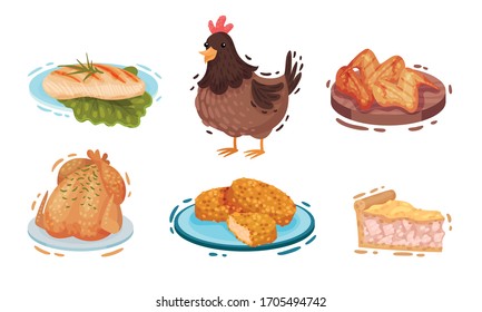Chicken Food and Snacks with Fried Wings and Roast Chicken Vector Set