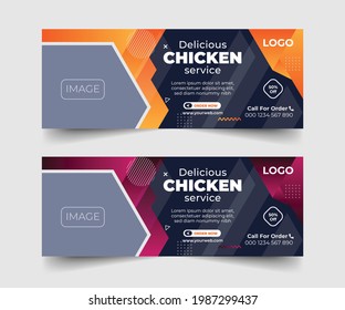 Banner de medios sociales de comida de pollo, portada de diseño de pancartas de comida, delicioso servicio de pollo, vector editable.