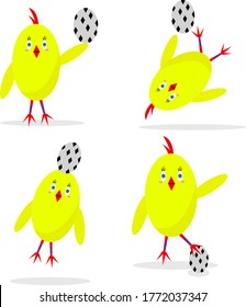chicken footballer cartoon character playing with an egg shaped ball and patterns of rhombuses concept sport and activity object on a white background