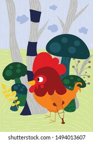 Chicken forest illustration mushrooms vector