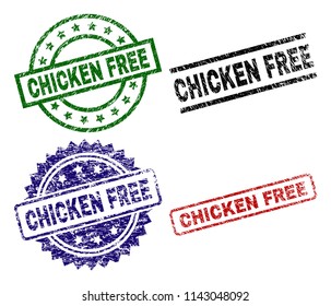 CHICKEN FREE seal stamps with corroded style. Black, green,red,blue vector rubber prints of CHICKEN FREE label with unclean style. Rubber seals with round, rectangle, medal shapes.