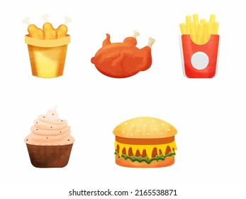 Chicken With French Fries, Cupcake And Burger Unhealthy Food Element Set.