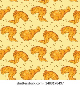 Chicken Fried Crispy Pattern. Fast Food Background, Fried Drumpstick And Chicken Wing Background.