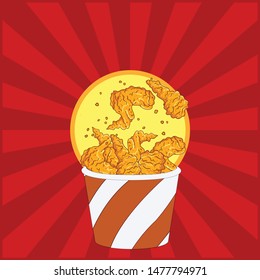 Chicken Fried Crispy In Red Bucket. Fast Food Background, Fried Drumpstick And Chicken Wing Background.