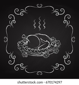 Chicken fried, drawn chalk on a blackboard, icon for the restaurant cafe menu