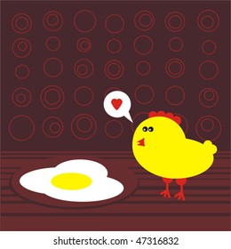 Chicken and fried eggs on the retro brown background. (Easter stories) Vector illustration.