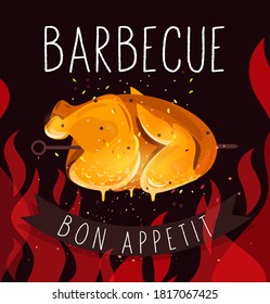 Chicken fried. Hearty food. BBQ. Chicken kebabs. Skewers. Spices. Tasty food. Barbecue. Fried foods. Vector illustration.