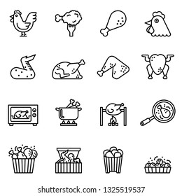 Chicken, fried chicken legs - food icon set with white background. Thin Line Style stock vector.