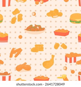 Chicken fried seamless pattern. Fast food meals, different parts of breaded chicken, croquettes and nuggets. Print design, vector background