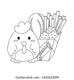 Chicken fried vector. Chicken fried, french fries, chicken nugget vector illustration cartoon. Cute chick cartoon colorless. 
