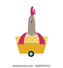 Chicken funny cartoon character riding in children toy train carriage, flat vector illustration isolated on white background. Kids railroad wagon with cute bird icon.