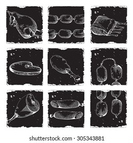 Chicken Gammon, Ribs, Sausage, Steaks. Vintage Hand drawn sketch of ham. Set of Meat on chalkboard. Food in Graphics style. pictures of meat in Engraving style