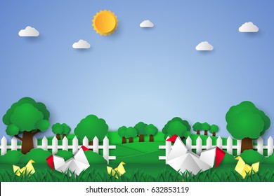 Chicken in the garden , paper art style