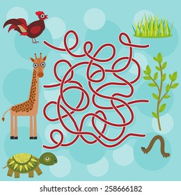 chicken, giraffe, turtle, labyrinth game for Preschool Children. Vector 