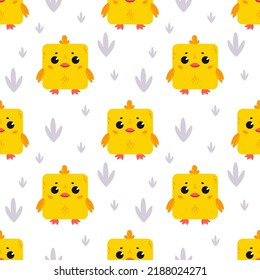 Chicken in the grass. Pattern with cute cartoon animals. Kawaii children's print with pets. Vector illustration for fabric, paper, wallpaper, packaging