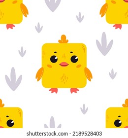 Chicken in the grass. Pattern with cute cartoon animals. Kawaii children's print with pets. Vector illustration for fabric, paper, wallpaper, packaging