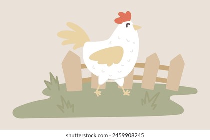 Chicken grazing at grass by fence in flat design. Poultry ranch farming. Vector illustration isolated.