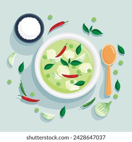 Chicken Green Curry flat vector design. Ingredient around Chicken Green Curry in a bowl.