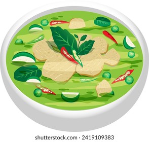 Chicken Green Curry is a type of Thai curry food. It consists of meat, fish, chicken or pork and vegetables, seasoned with coconut milk, eggplant, sugar, fish sauce, kaffir lime leaves and 
