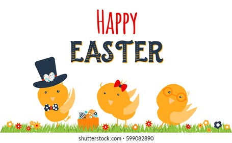 Chicken greeting card. Happy Easter cartoon design with cute chicks and grass isolated on white background.
