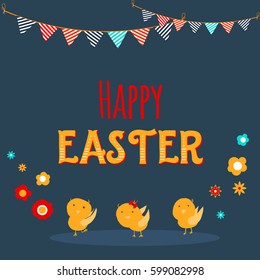 Chicken greeting card. Happy Easter cartoon design with cute chicks and flowers on dark background.