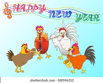 Chicken greeting card. Chicken plays music and celebrates the New Year.