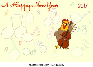 Chicken greeting card.Chicken plays music and celebrates the New Year.