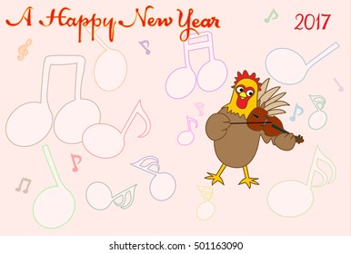 Chicken greeting card.Chicken plays music and celebrates the New Year.