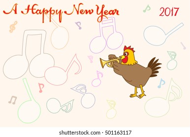 Chicken greeting card.Chicken plays music and celebrates the New Year.