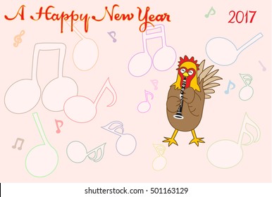 Chicken greeting card.Chicken plays music and celebrates the New Year.