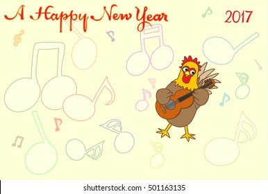 Chicken greeting card.Chicken plays music and celebrates the New Year.