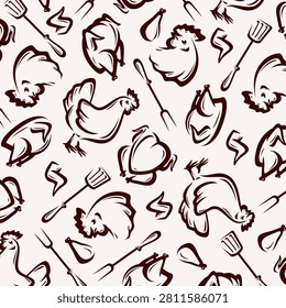 Chicken grill background, pattern set. Collection icons chicken grill. Vector