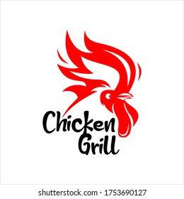 Chicken Grill Barbecue Logo Bar Design, Template Idea with Flame Red Rooster Head Vector