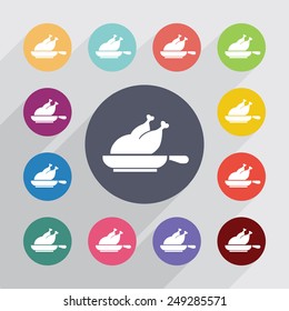 chicken grill circle, flat icons set. Round colorful buttons 