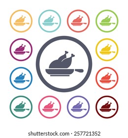 chicken grill flat icons set. Open colorful buttons 